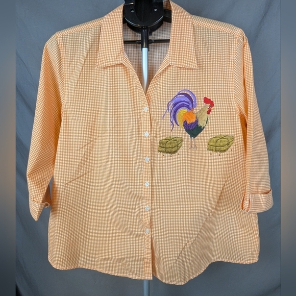 Casual Kiss large gingham shirt with embroidered rooster/ hay bales 3/4 sleeves - Picture 2 of 10